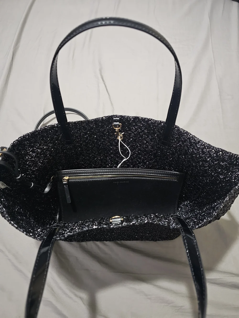 Tory Burch Emerson Raffia Black Tote Bag With Leather Pouch